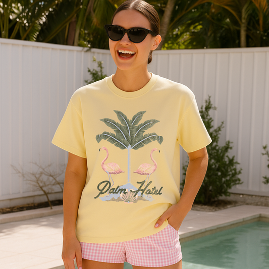 Palm Oasis Flamingo Graphic Tee | Beach Vacation Aesthetic Tee | Summer Resort Style |