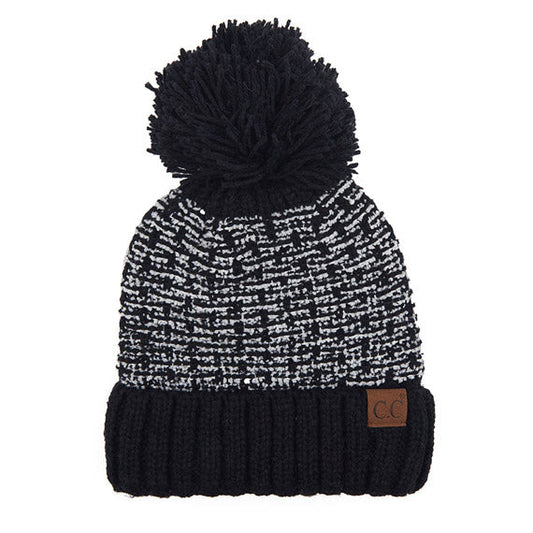 C.C Tweed Style Pattern Knitted Beanie Faux Fur Pom Pom Hat
