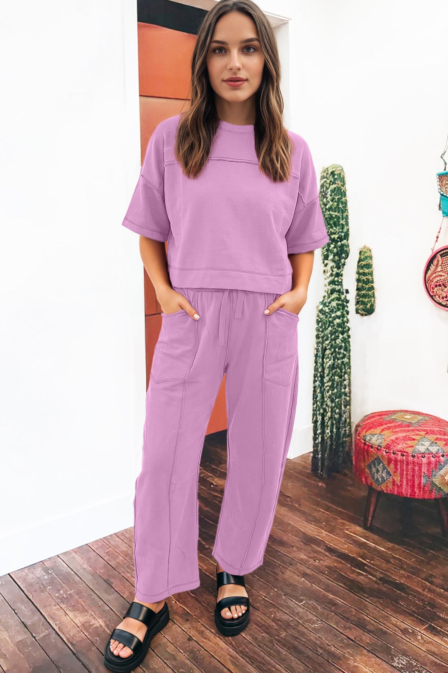 Solid Drop Shoulder Boxy Tee & Barrel Pants Set