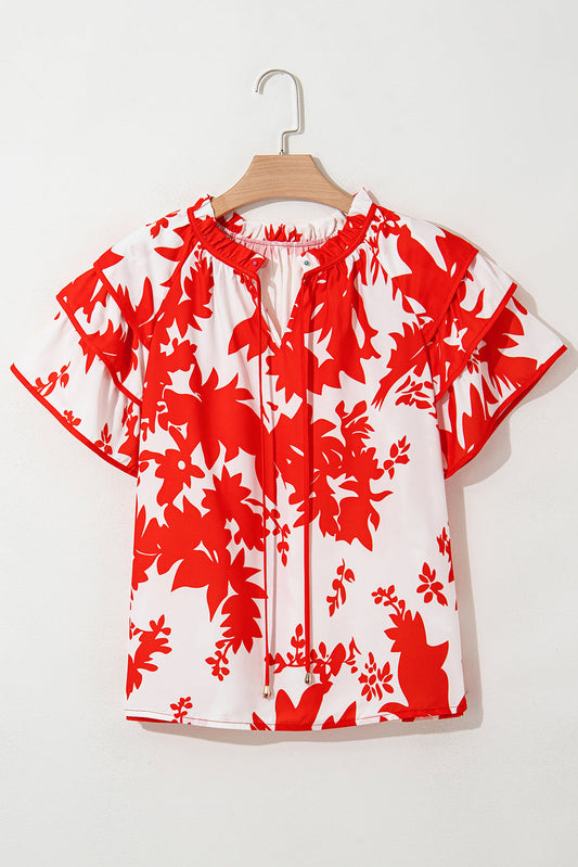 Floral Tiered Ruffle Sleeve V-Neck Blouse