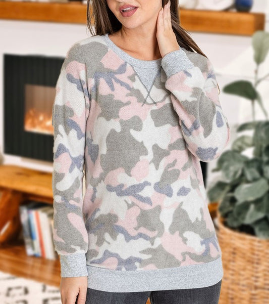 Camo Raglan V Stitch Brushed Pullover | Modern Boutique Fashion