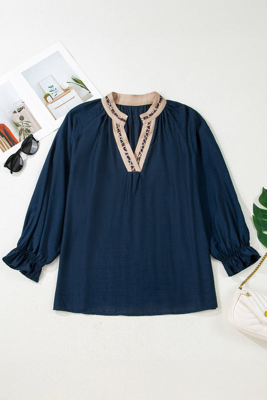 Plus Size Leopard Contrast Collar Long Sleeve Blouse
