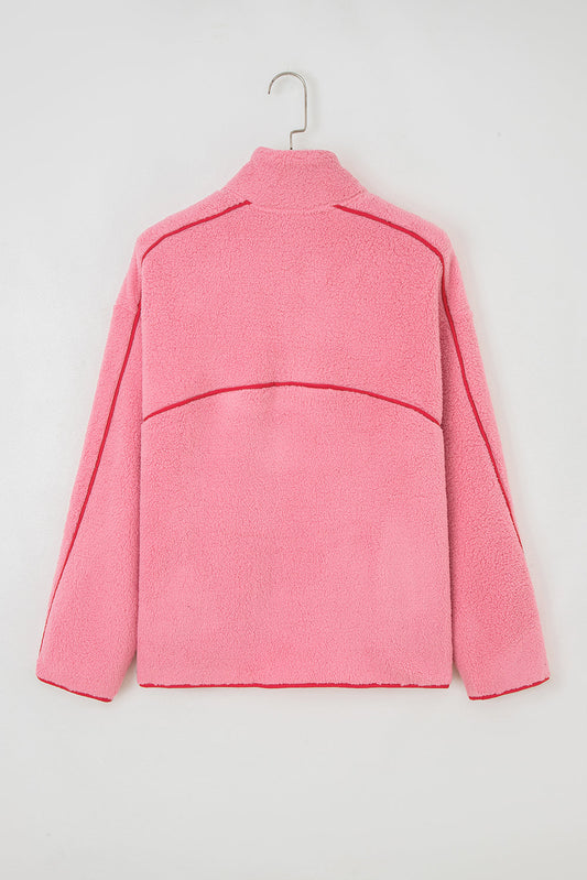 Sherpa Faux Leather Trim Half-Zip Pocketed Sweatshirt