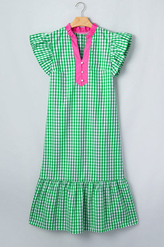 Gingham Colorblock Ruffle Sleeve Midi Dress