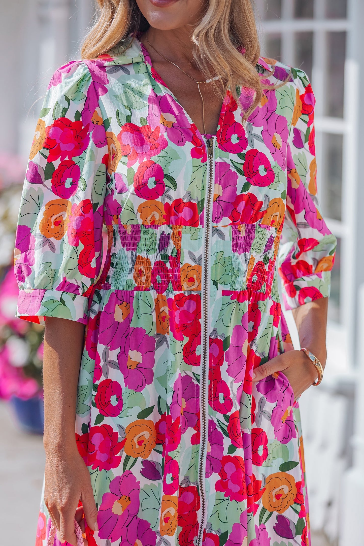 Floral Zip-Up V-Neck Short Puff Sleeve Dress