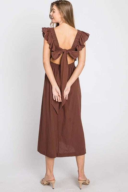 LINEN RUFFLE MID DRESS