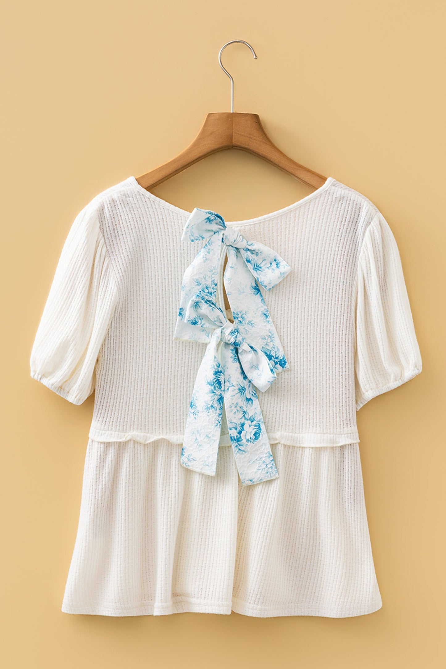 Floral Bow Tie Back Bubble Sleeve Peplum Top