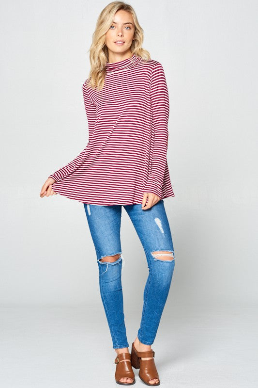 STRIPE JERSEY TURTLE NECK CASUAL TOP