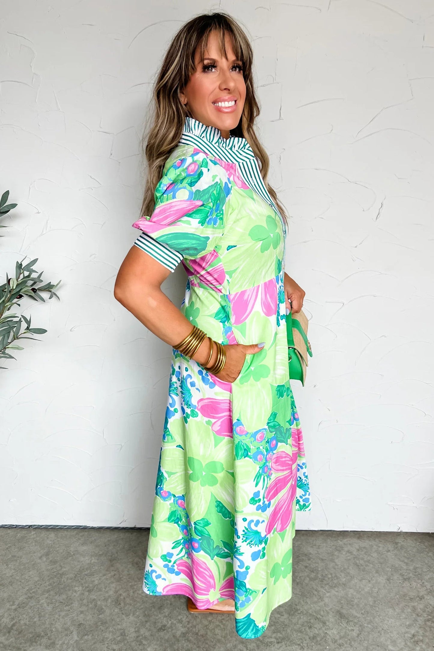Floral Stripe Trim Button Down Vacation Dress