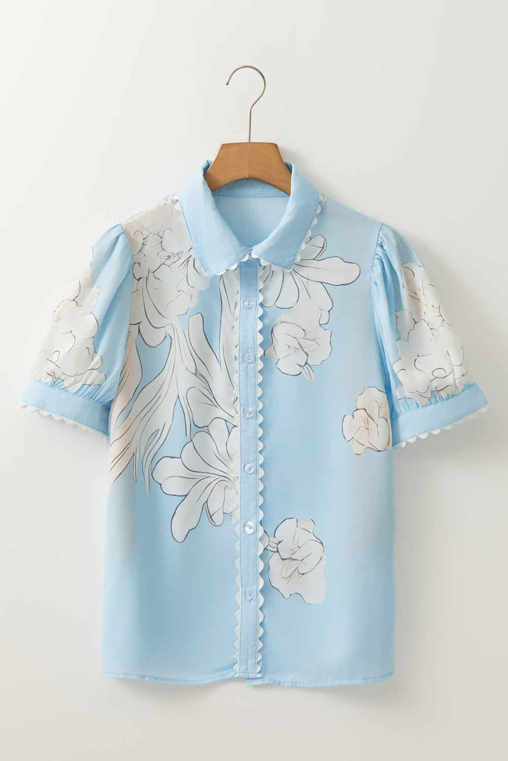 Floral Ricrac Trim Puff Sleeve Buttoned Shirt