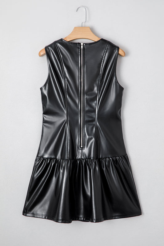 Faux Leather Ruffle Hem Sleeveless Mini Dress