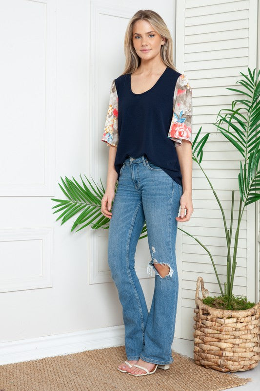 Solid Floral Short Sleeve Spring Top