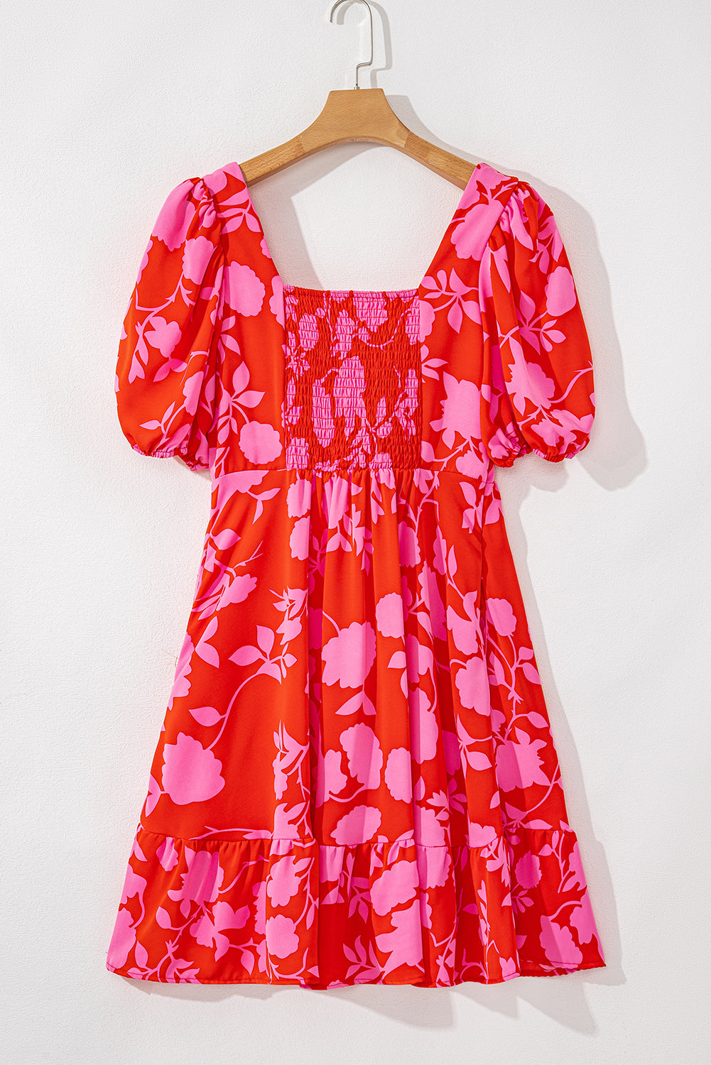 Floral Bubble Sleeve Sweetheart Neck Ruffle Mini Dress
