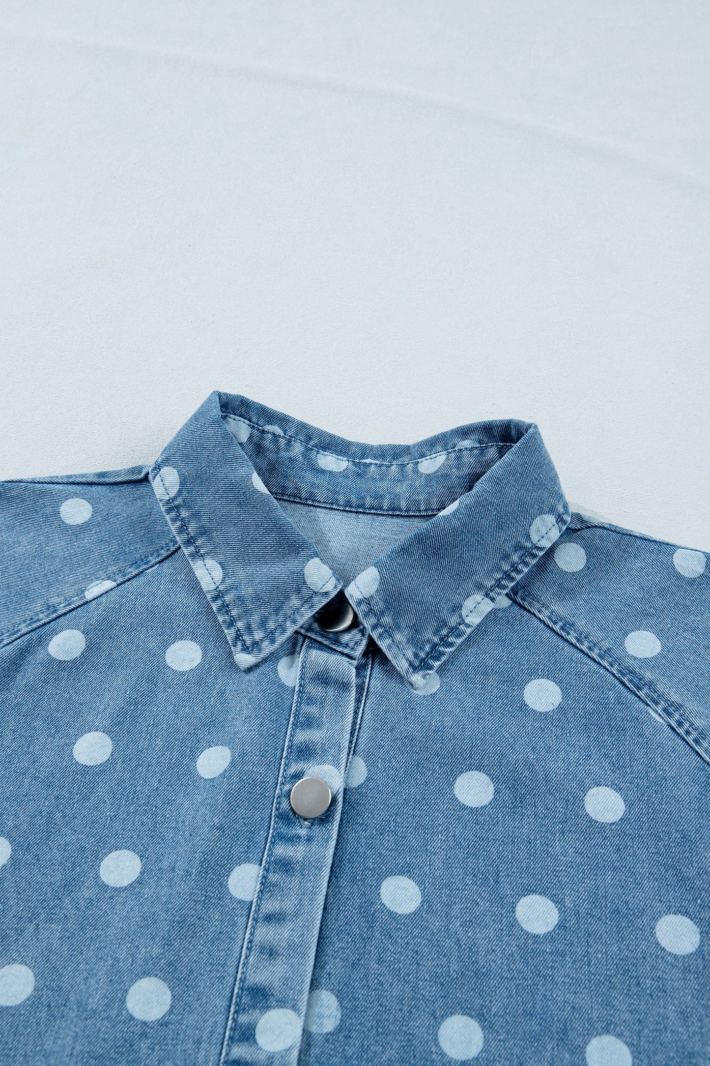 Polka Dot Denim Puff Sleeve Buttoned Dress