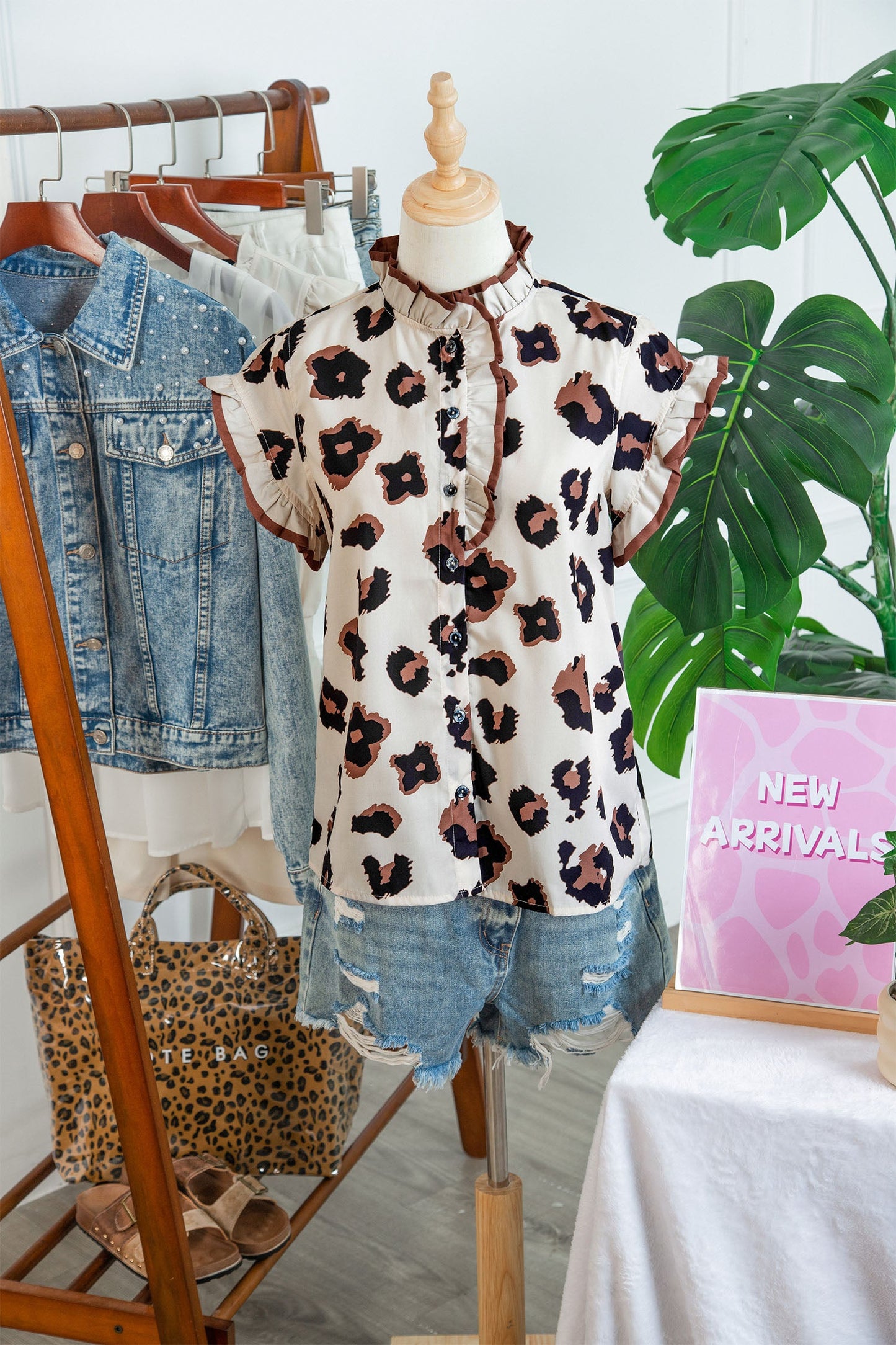 Leopard Ruffle Sleeve Button Up Blouse