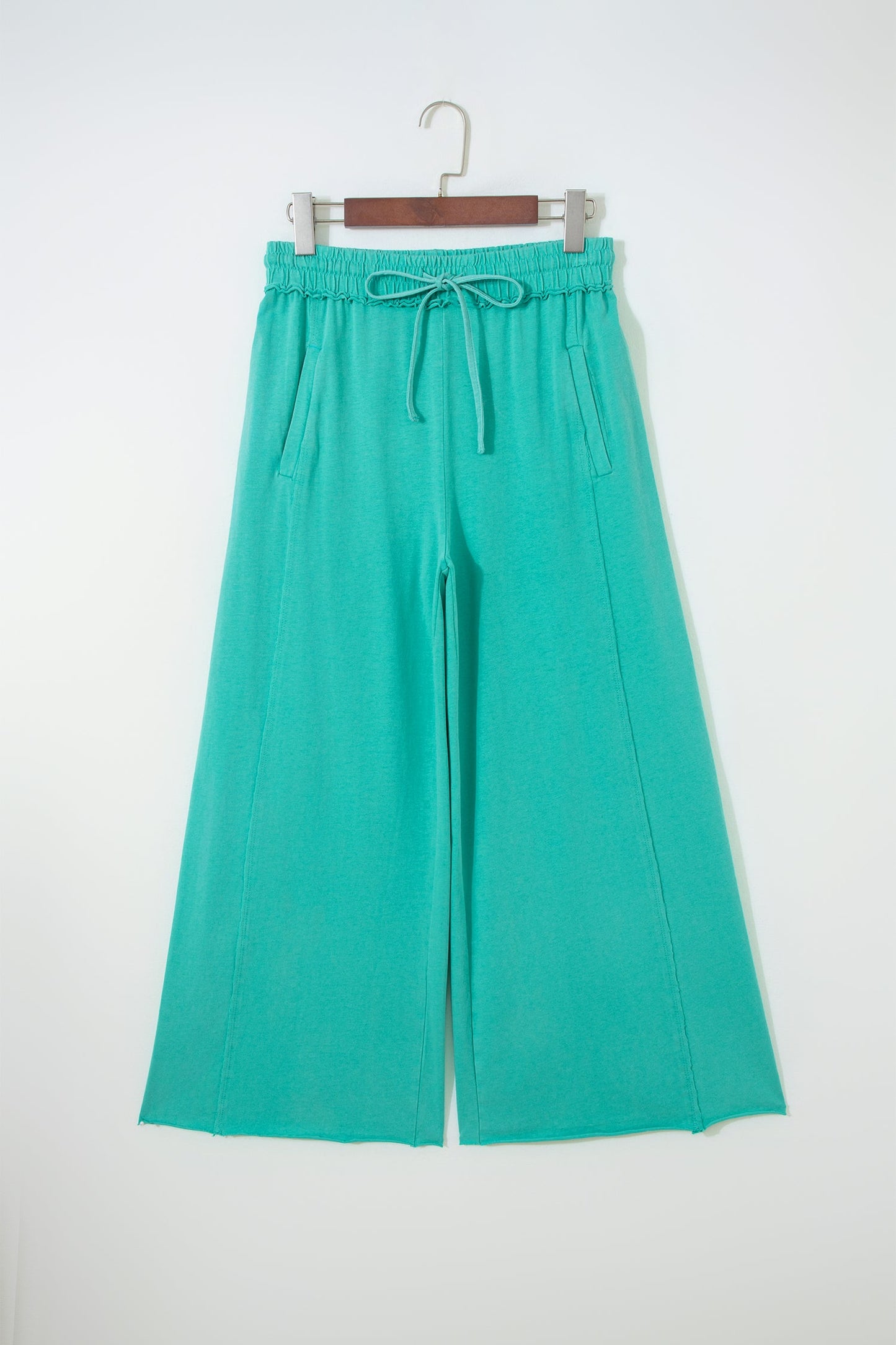 Solid Drawstring Elastic Waist Raw Hem Pants