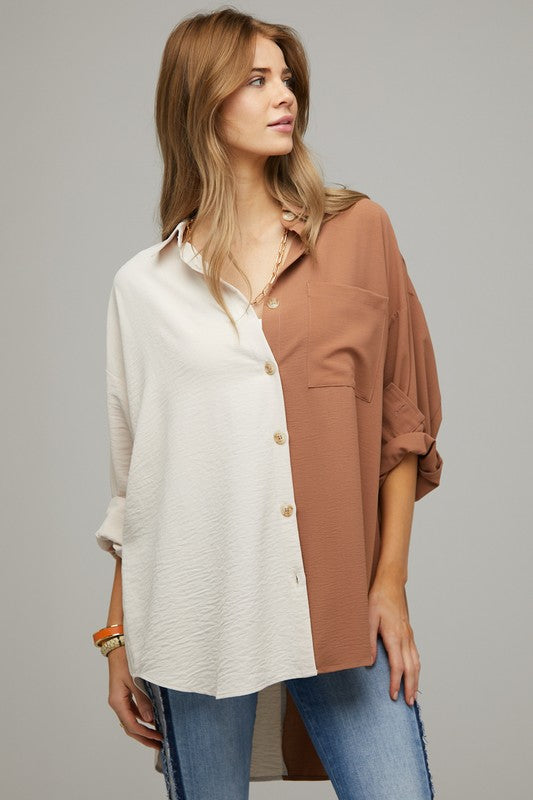 Color Block Button Down Shirt