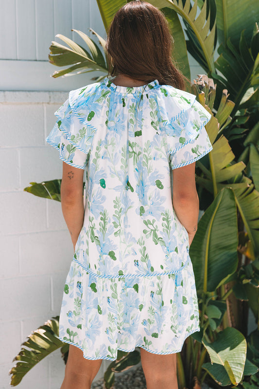 Floral V-Neck Layered Short Sleeve Mini Dress