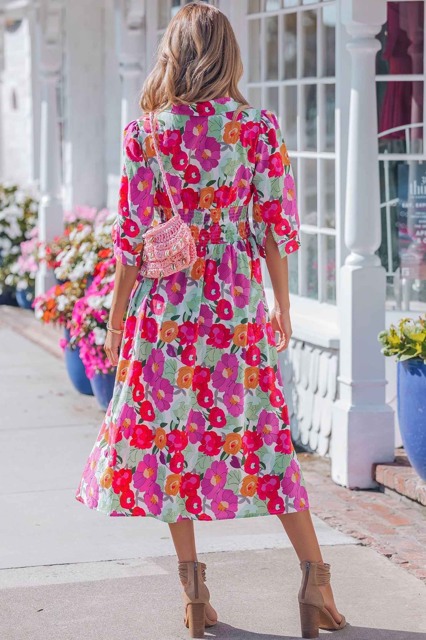 Floral Zip-Up V-Neck Short Puff Sleeve Dress