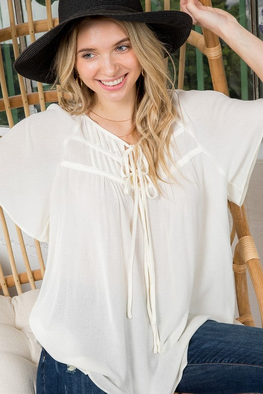 SOLID BOW TIE PEASANT TOP