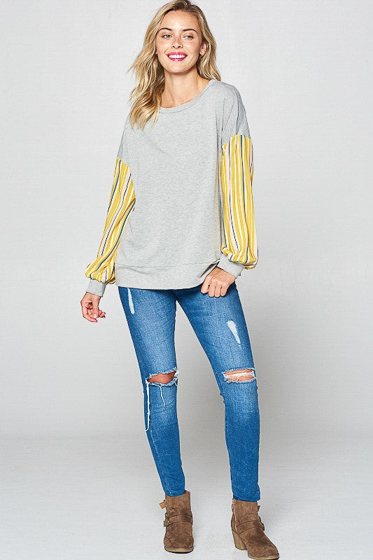 STRIPE SOLID MIXED SWEATSHIRT TOP