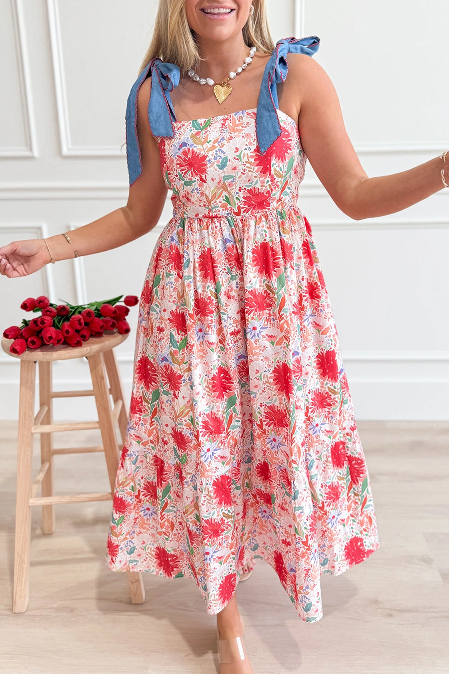 Floral Denim Tie Strap High Waist Maxi Dress