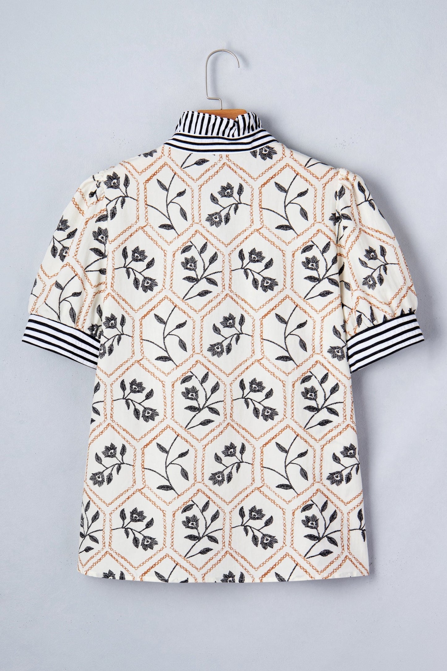 Floral Stripe Patchwork Ruffle Buttoned Short Sleeve Blouse