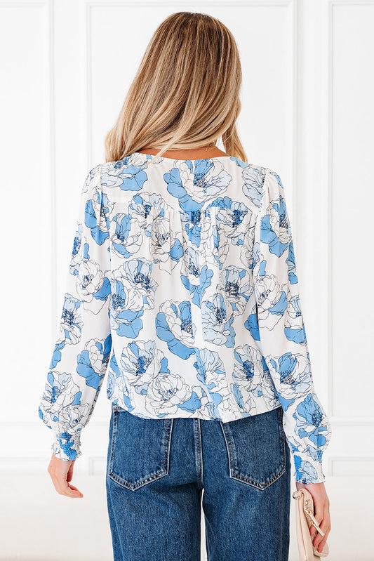 Floral Frilly Smocked Square Neck Long Sleeve Blouse