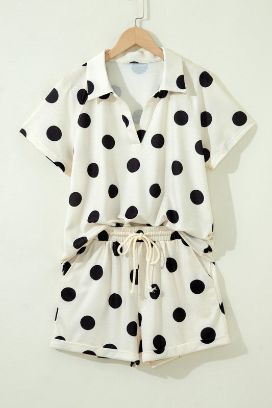Polka Dot V-Neck Tee & Drawstring Shorts Set