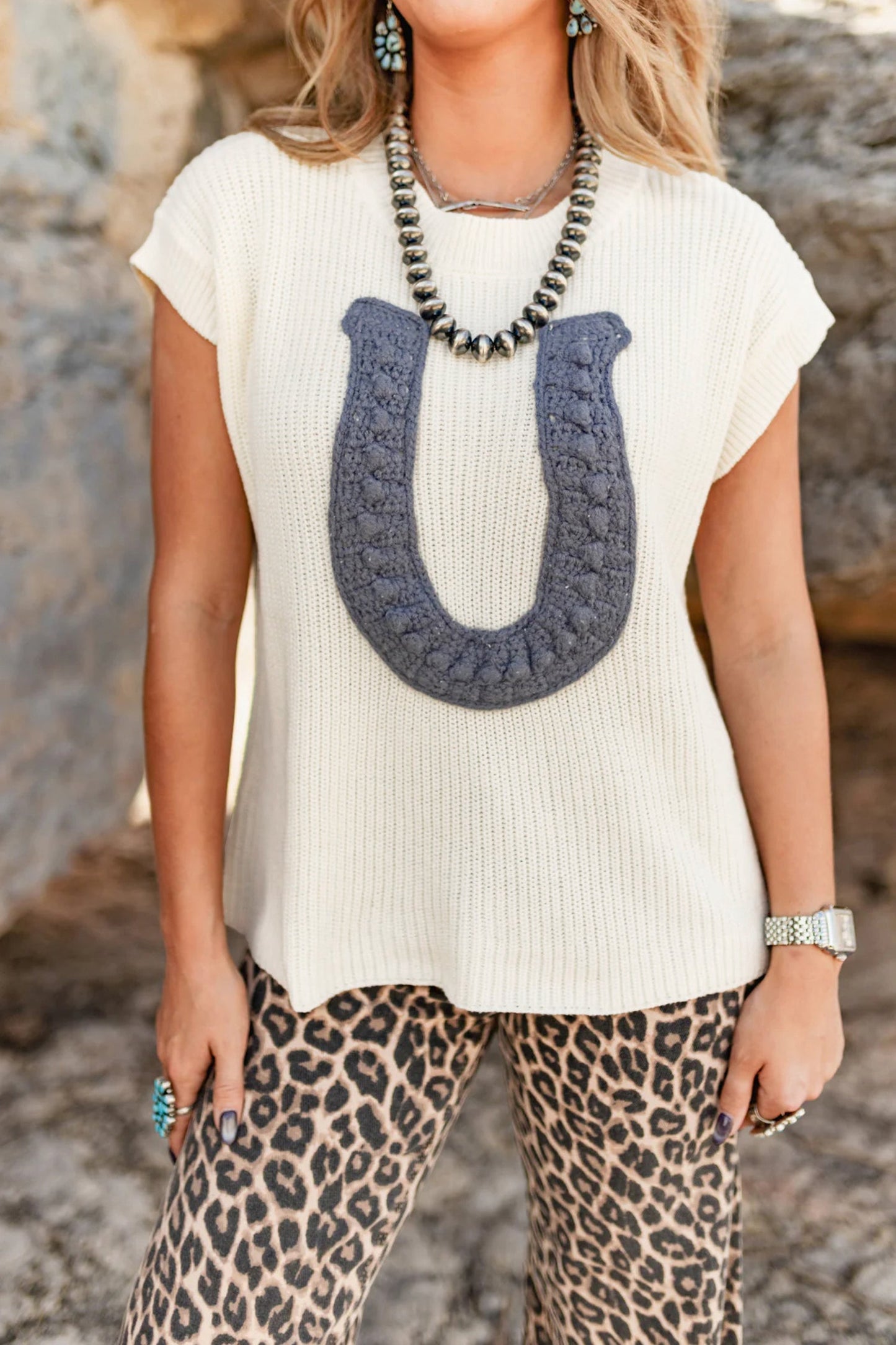 Western Horseshoe Crochet Short Sleeve Sweater