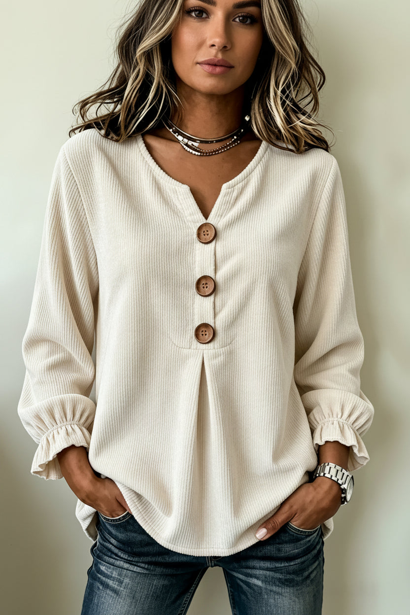 Women's Corduroy Long-Sleeve Blouse – Patchwork Minimalist Top
