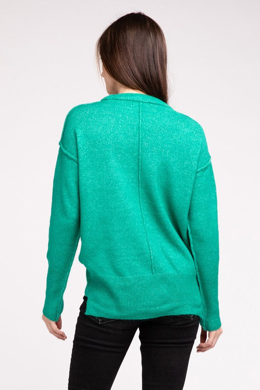 MELANGE HI-LOW HEM ROUND NECK SWEATER