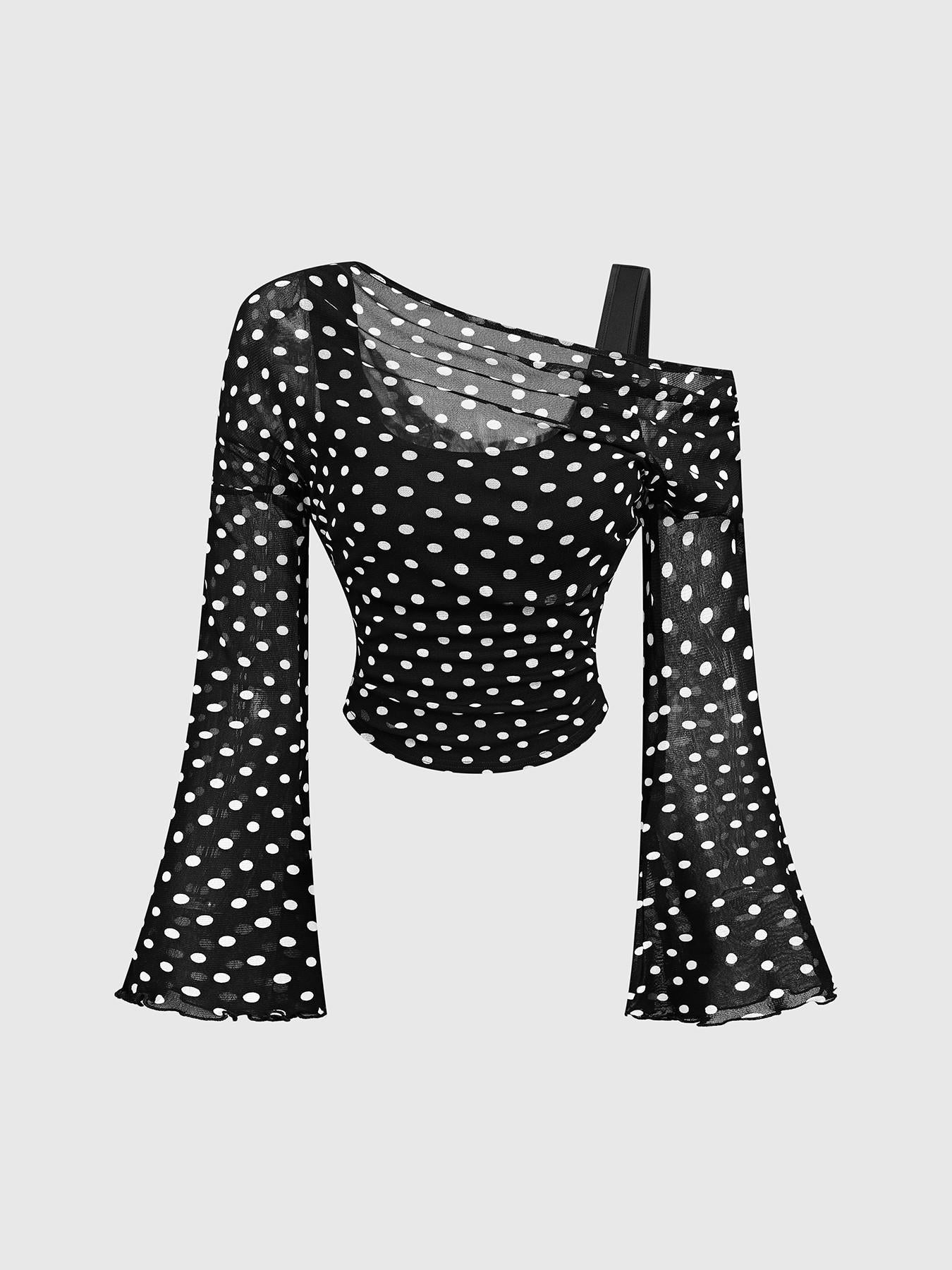 Women's Mesh Neck Pleated Long-Sleeve Top – Slim Fit Knit
