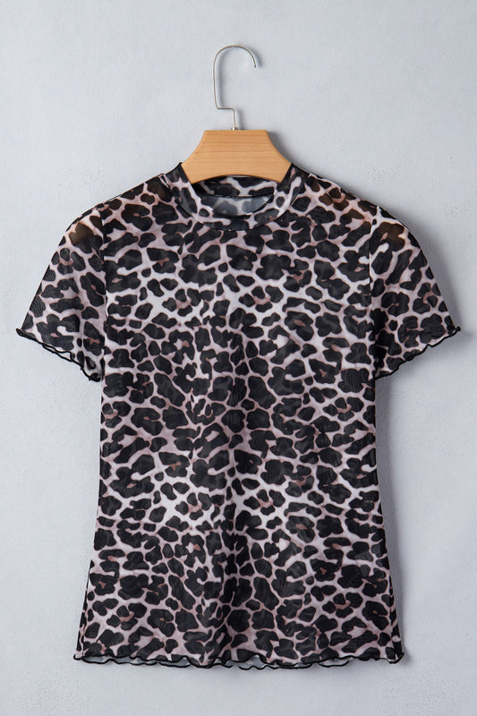 Leopard Sheer Mesh Short Sleeve Top