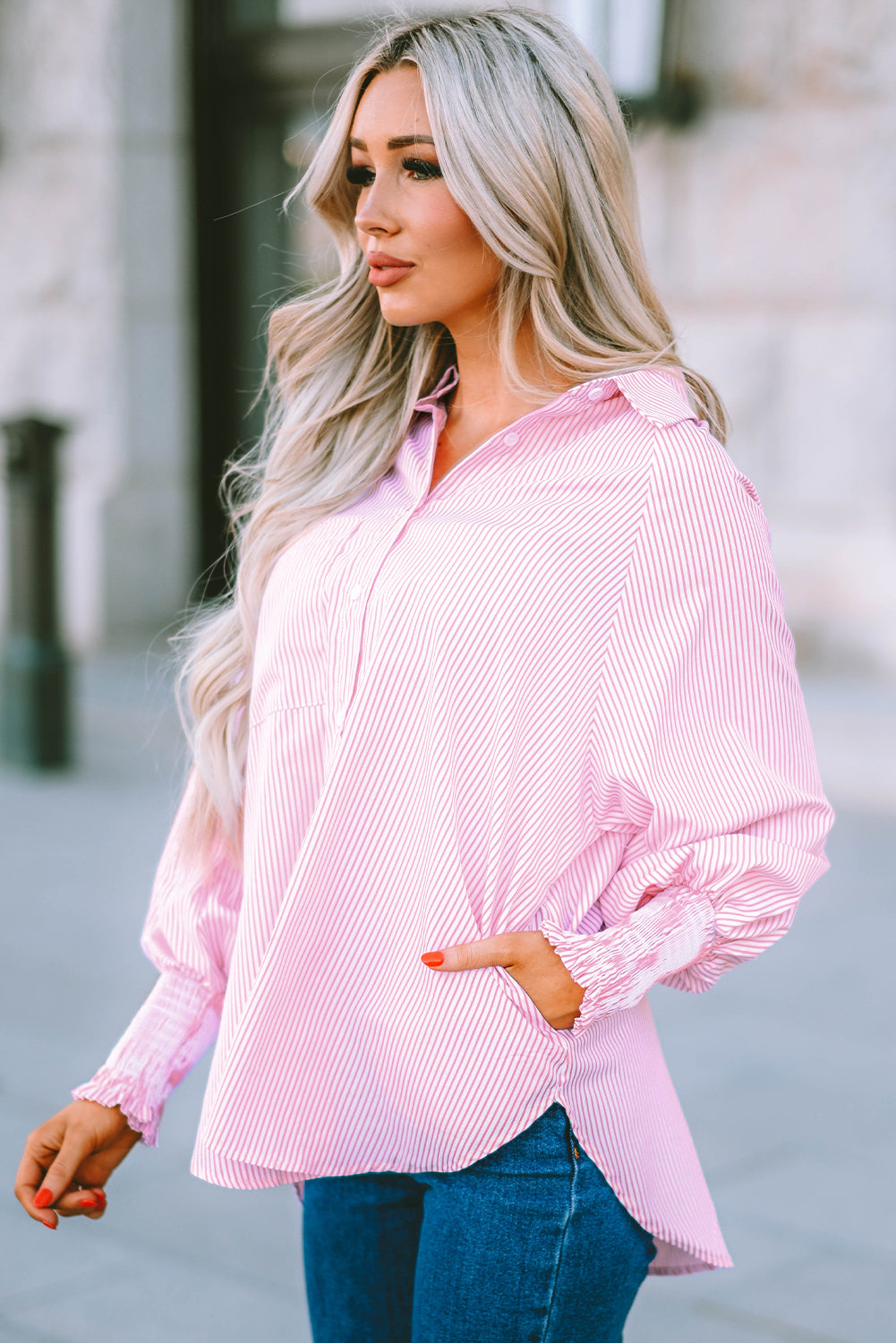 Stripe Smocked Long Sleeve Button-Up Shirt