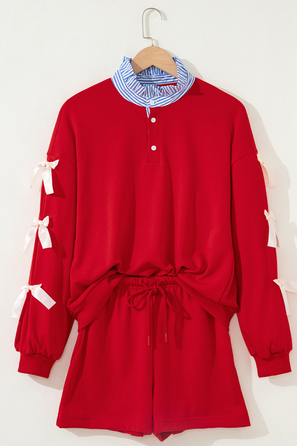 Stripe Collar Bow Tie Sweatshirt and Shorts Set