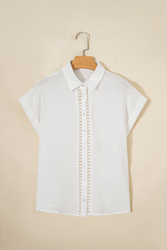 Solid Crinkle Textured Lace Trim Buttoned Shirt