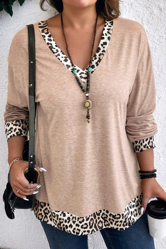 PLUS SIZE LEOPARD PATCHWORK V-NECK LONG SLEEVE TOP | MODERN EMPORIUM - Modern Emporium Boutique