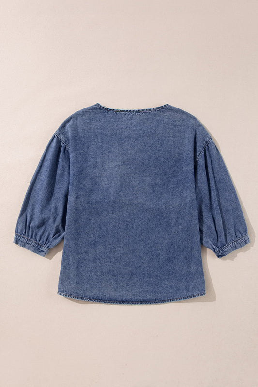 Denim 3/4 Sleeve Ruffle Patch Pocket Blouse