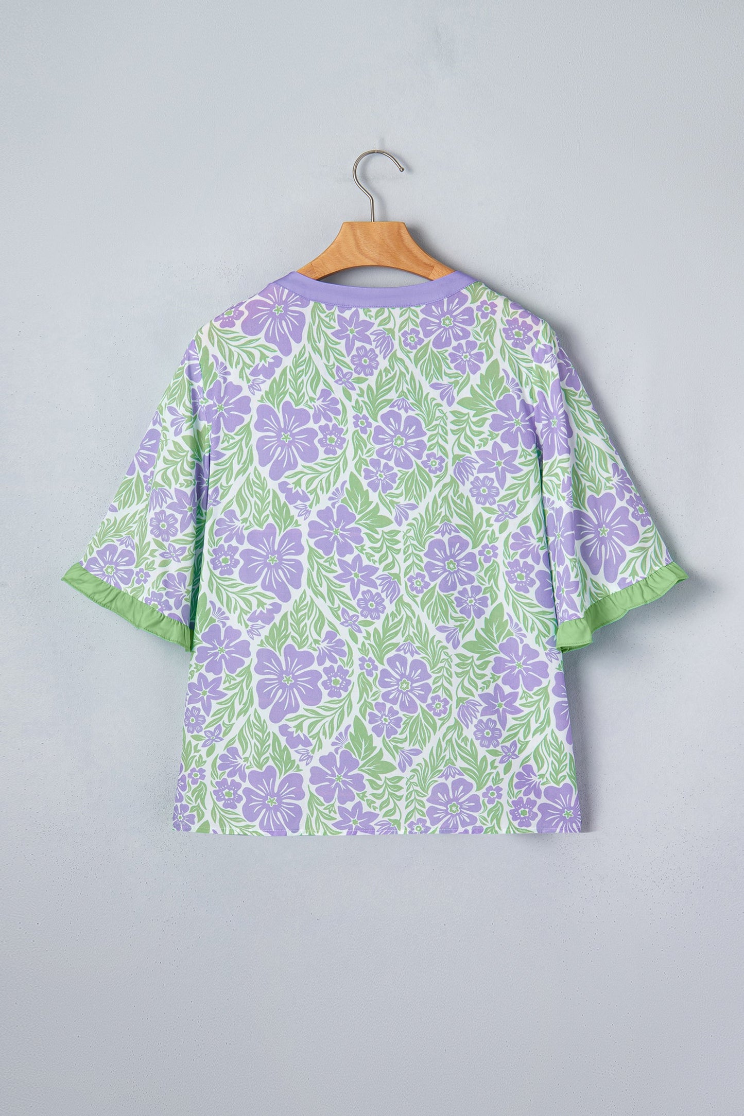 Floral Ruffle Colorblock Trim Short Sleeve Blouse