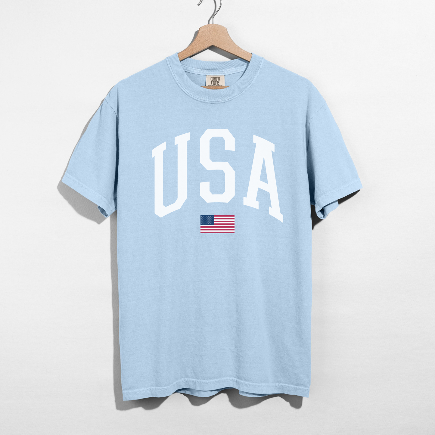 USA Varsity Graphic Tee – White Letter Patriotic Shirt