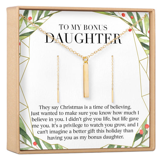 Christmas Gift for Stepdaughter Gold Bar Earring Threader and Necklace Jewelry Set