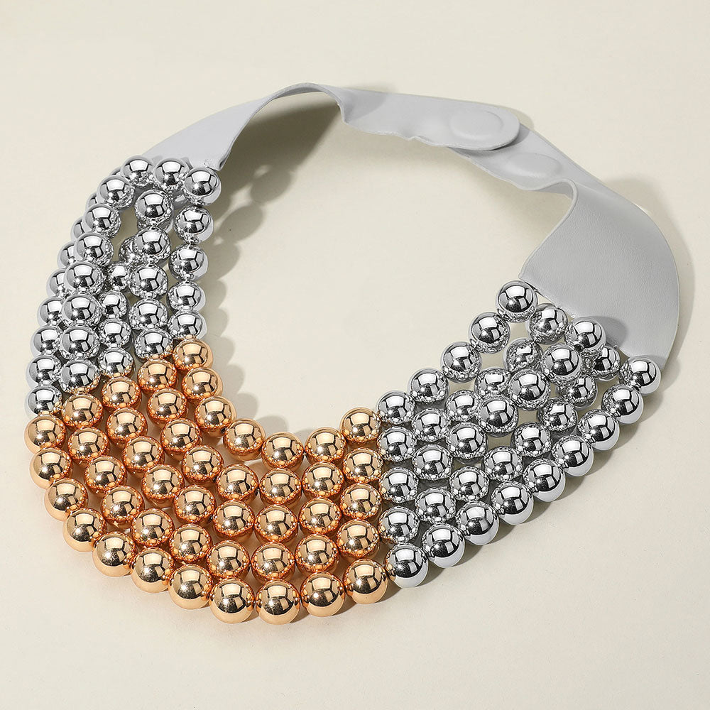 Chunky Two Tone Metal Ball Beaded Multi Layered Faux Leather Magnetic Necklace