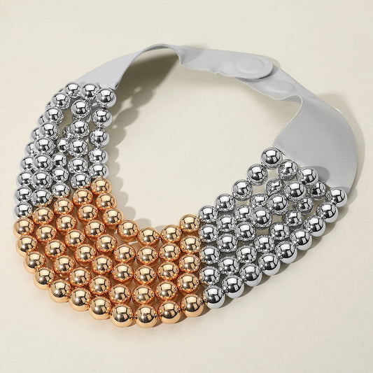 Chunky Two Tone Metal Ball Beaded Multi Layered Faux Leather Magnetic Necklace