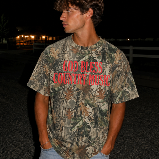 Pre Order Oct. 31st God Bless Country Music Vintage Wood Camo Oversized Boxy Tee