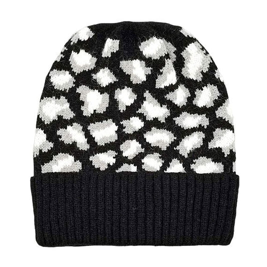 Cozy Leopard Patterned Ribbed Knit Cuff Beanie Hat