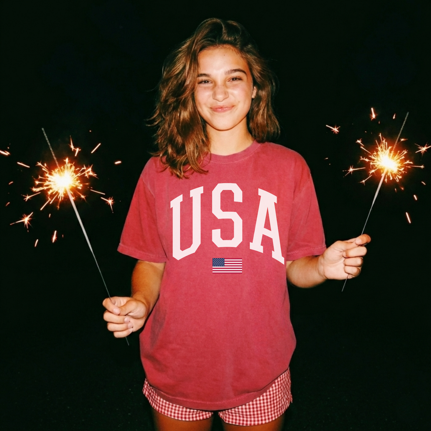 USA Varsity Graphic Tee – White Letter Patriotic Shirt