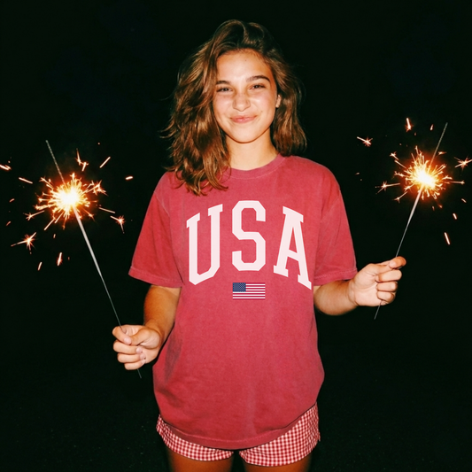 USA Varsity Graphic Tee – White Letter Patriotic Shirt