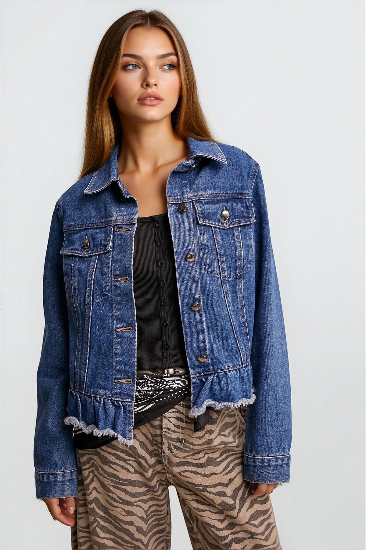 Ruffled Hem Denim Jacket
