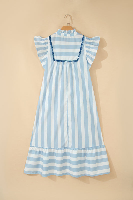 Stripe Lace Trim V-Neck Ruffle Midi Dress